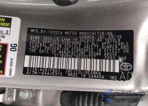 2016 Toyota Corolla Le из США, поврежденный, VIN 2T1BURHE1GC502727